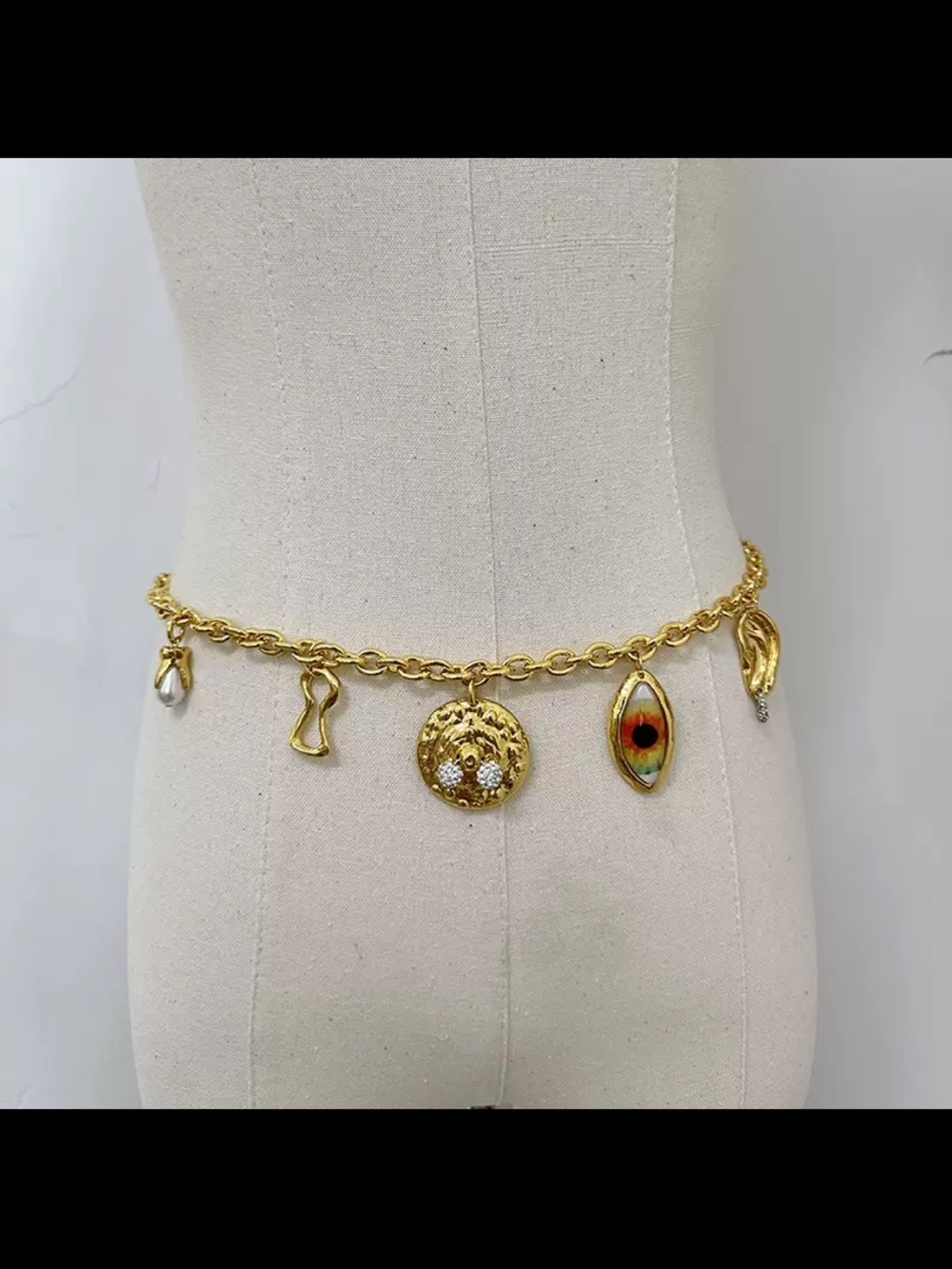 Gold Charm Chain Waist Belt with Multicolor Eye and Pearl Charms